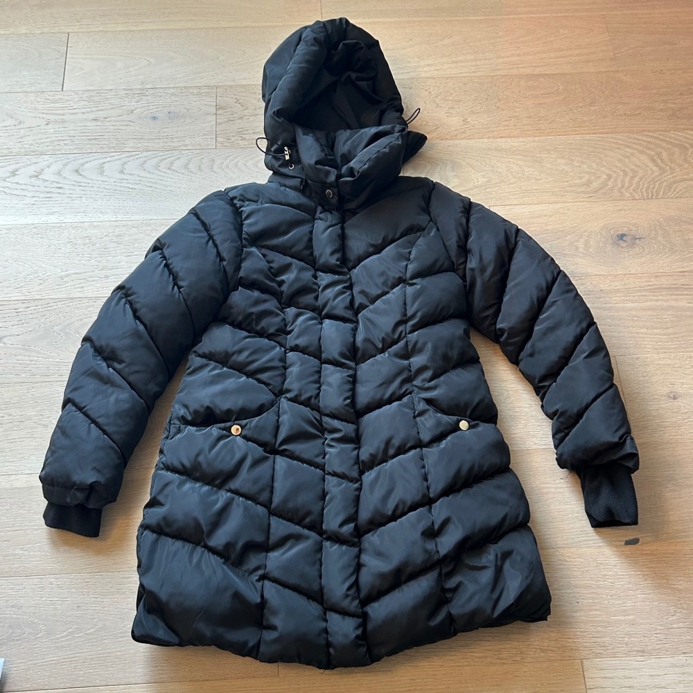 Steve Madden Womens Black Chevron Quilted Hooded Puffer Coat Jacket Size Medium
